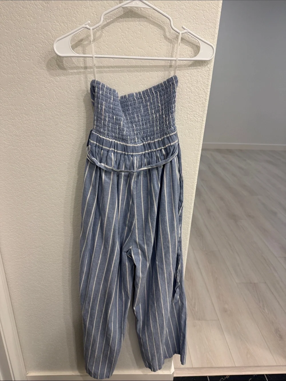 Lulu's Light Blue & White Striped Strapless Wide-Leg Jumpsuit - Picture 3 of 3